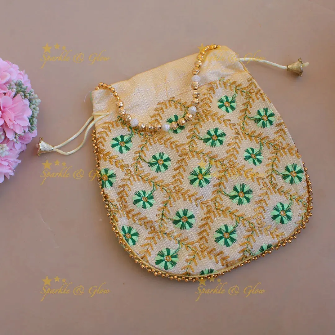 Embroidered Floral Potli Bags with Pearls & Beads 8.5"
