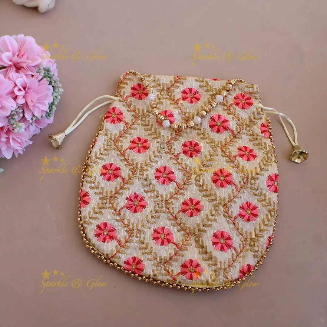 Embroidered Floral Potli Bags with Pearls & Beads 8.5"
