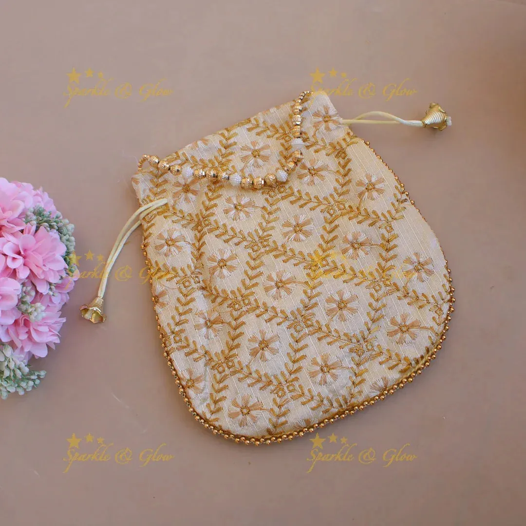 Embroidered Floral Potli Bags with Pearls & Beads 8.5"