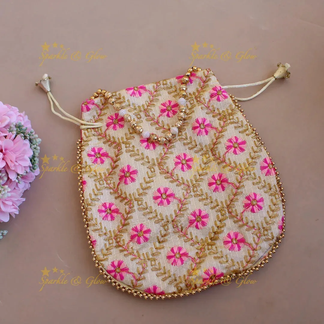 Embroidered Floral Potli Bags with Pearls & Beads 8.5"