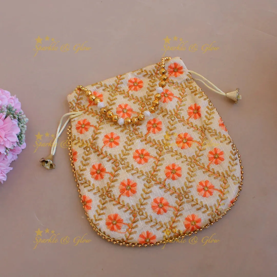 Embroidered Floral Potli Bags with Pearls & Beads 8.5"