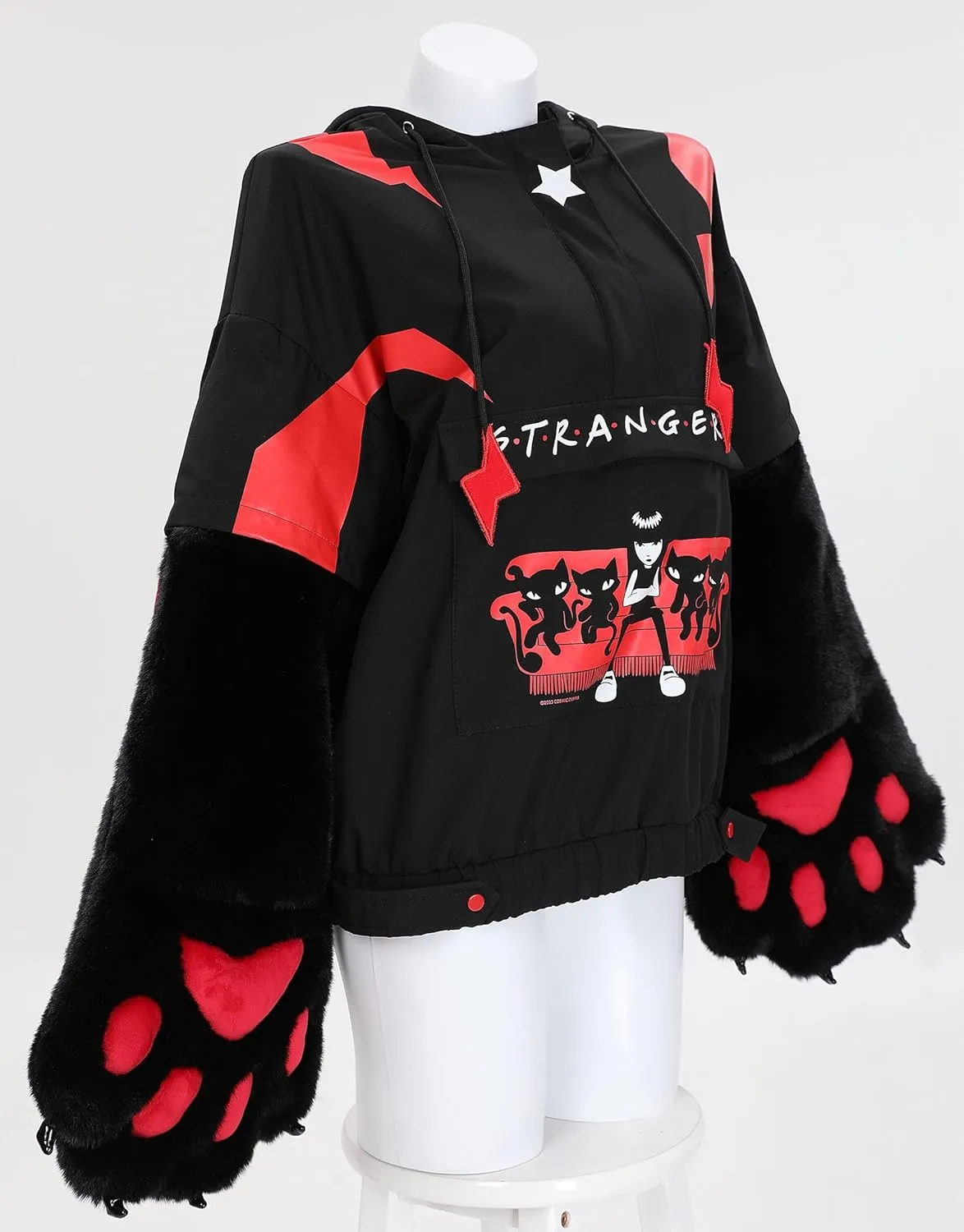Emily the Strange Officially Licensed Pullover Hoodie Sweatshirt with Cute Detachable Furry Cat Paw Gloves Handbag Sleeve