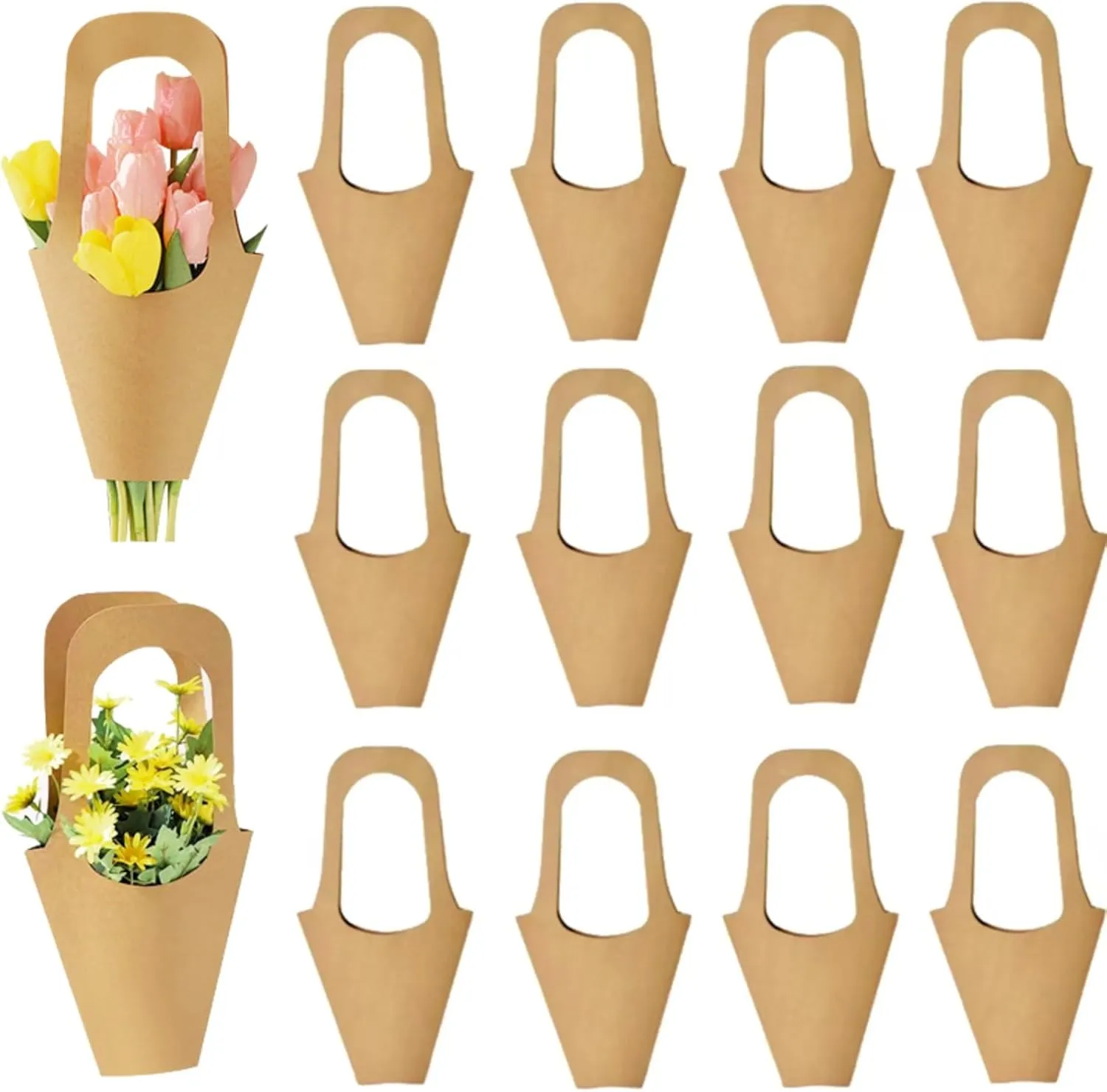 Enorteen 30 Pcs Kraft Paper Flower Wrapping Paper Gift Bags Bouquet Gift Bags with Handle Bouquet Gift Bags Floral Gift Bags for Thanksgiving Birthday Wedding Party Favors