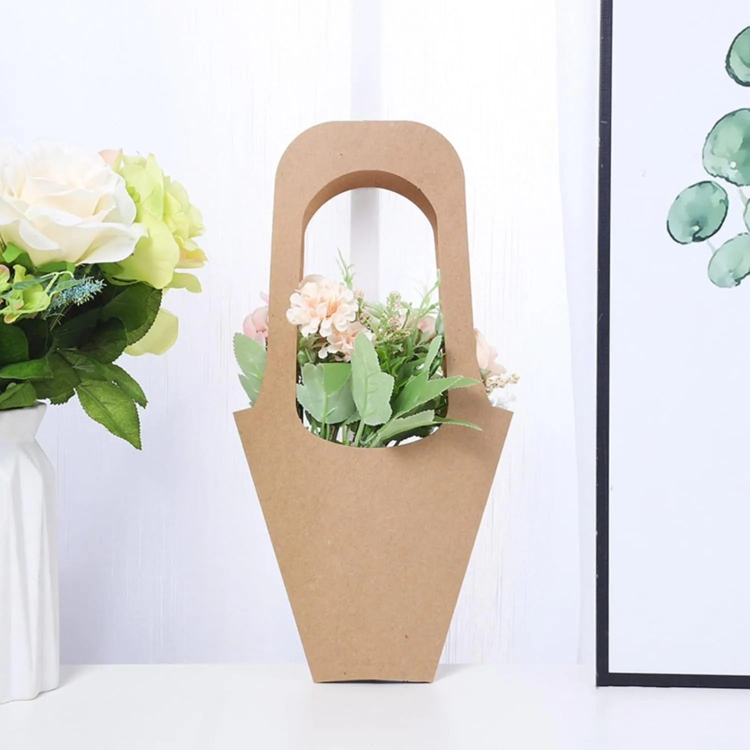 Enorteen 30 Pcs Kraft Paper Flower Wrapping Paper Gift Bags Bouquet Gift Bags with Handle Bouquet Gift Bags Floral Gift Bags for Thanksgiving Birthday Wedding Party Favors