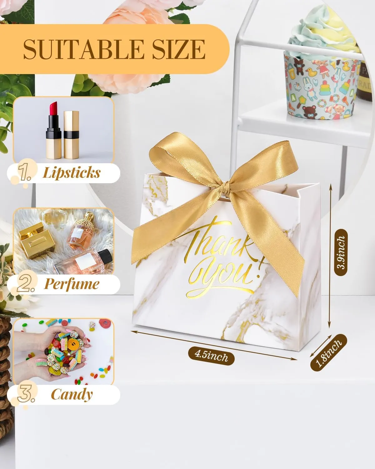 EQOREIIN Small Gift Bags, 70 Pack 4.5x1.8x3.9 Inches Mini Thank You Bags Gold Kraft Paper Gift Bag with Bow Ribbon, Small Candy Bags Gift Bag Bulk for Birthday Wedding Baby Shower (Marble Gold)