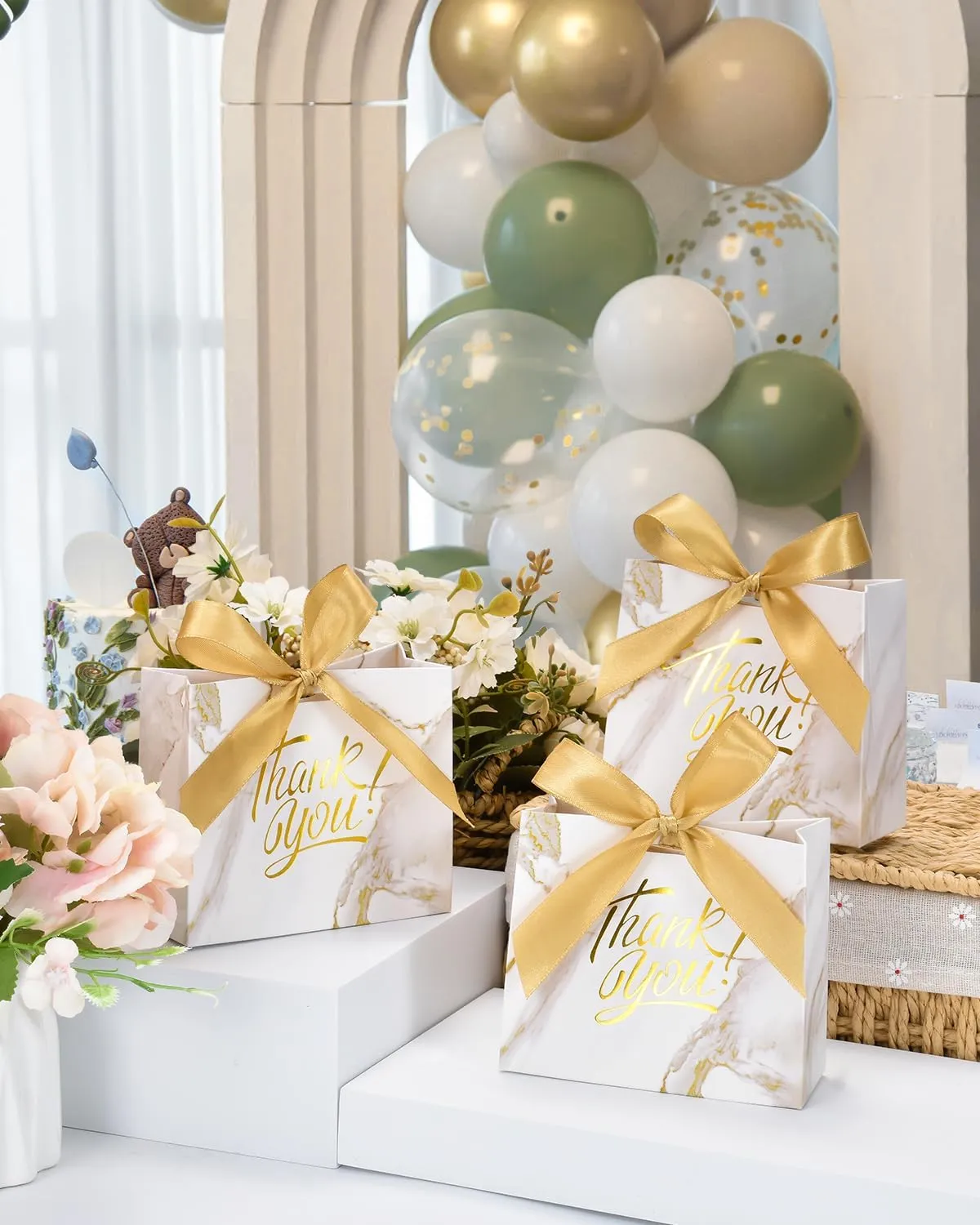 EQOREIIN Small Gift Bags, 70 Pack 4.5x1.8x3.9 Inches Mini Thank You Bags Gold Kraft Paper Gift Bag with Bow Ribbon, Small Candy Bags Gift Bag Bulk for Birthday Wedding Baby Shower (Marble Gold)