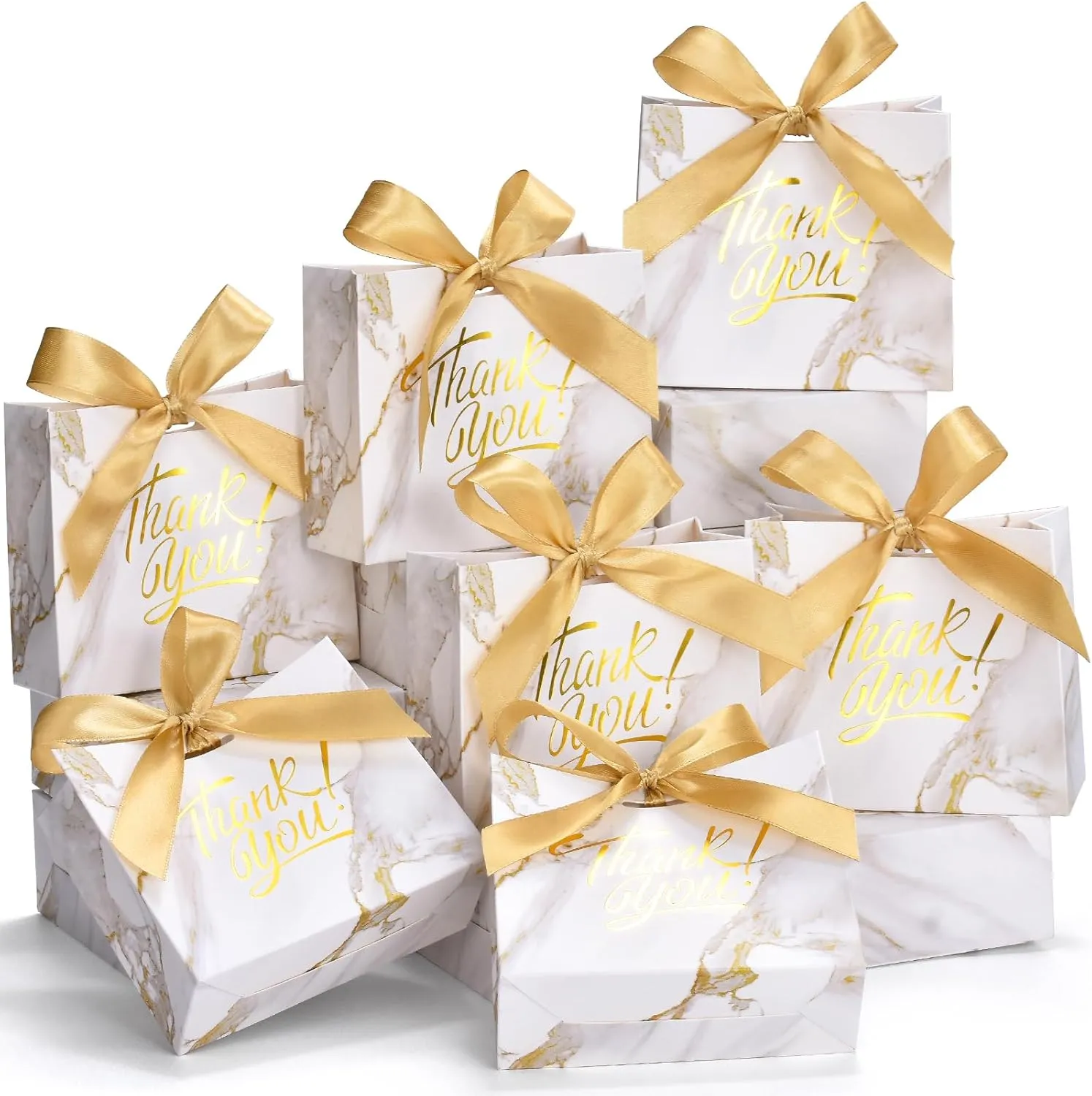 EQOREIIN Small Gift Bags, 70 Pack 4.5x1.8x3.9 Inches Mini Thank You Bags Gold Kraft Paper Gift Bag with Bow Ribbon, Small Candy Bags Gift Bag Bulk for Birthday Wedding Baby Shower (Marble Gold)
