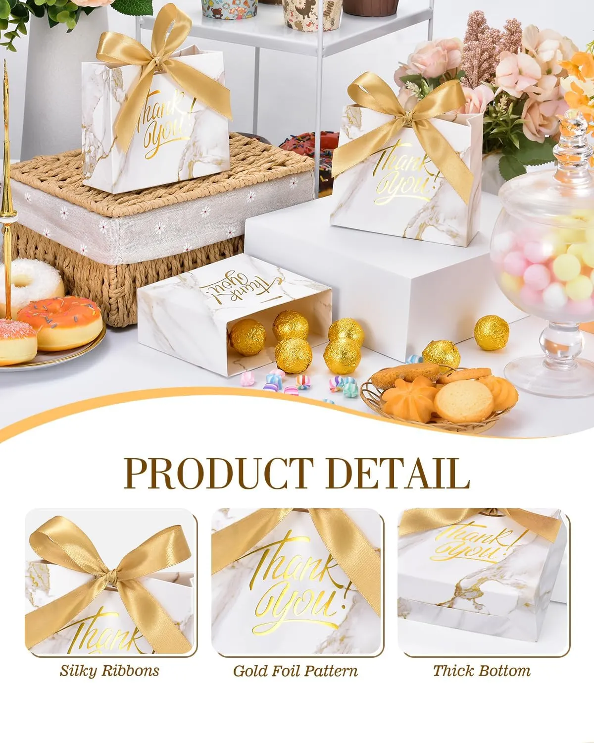 EQOREIIN Small Gift Bags, 70 Pack 4.5x1.8x3.9 Inches Mini Thank You Bags Gold Kraft Paper Gift Bag with Bow Ribbon, Small Candy Bags Gift Bag Bulk for Birthday Wedding Baby Shower (Marble Gold)