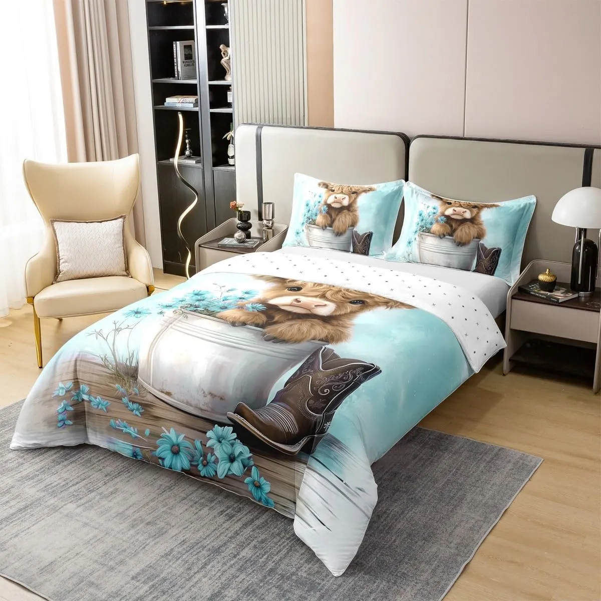 Erosebridal Cartoon Cow 100% Cotton Duvet Cover King Size Highland Cows Bedding Set for Kids Boys Girls Daisy Floral Wood Boots Rustic Blue White Comforter Cover Soft Bedclothes