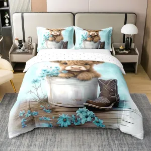 Erosebridal Cartoon Cow 100% Cotton Duvet Cover King Size Highland Cows Bedding Set for Kids Boys Girls Daisy Floral Wood Boots Rustic Blue White Comforter Cover Soft Bedclothes