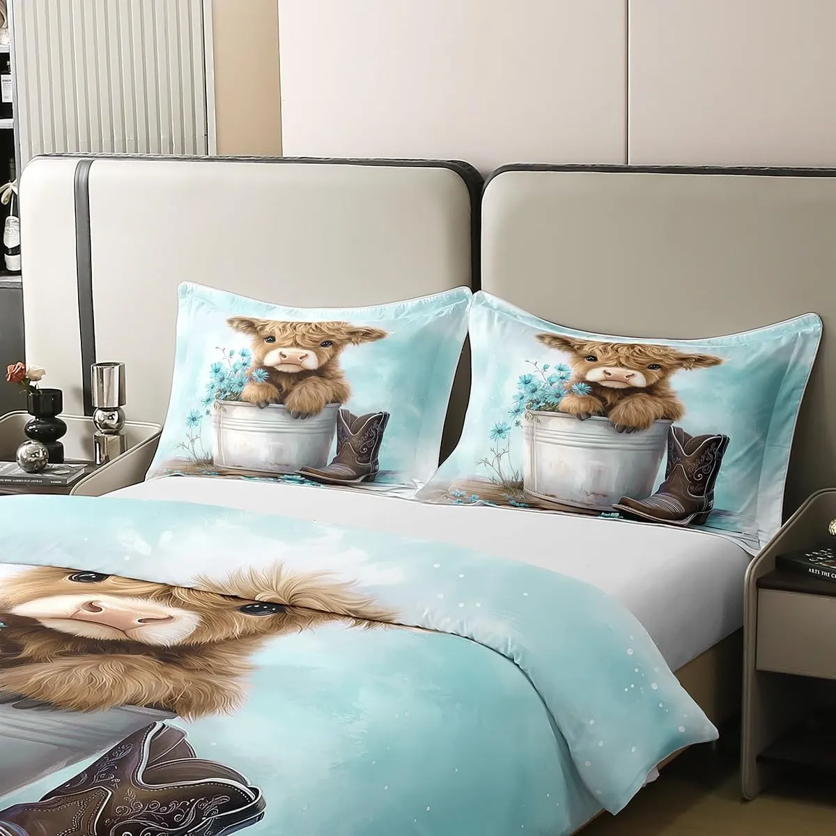 Erosebridal Cartoon Cow 100% Cotton Duvet Cover King Size Highland Cows Bedding Set for Kids Boys Girls Daisy Floral Wood Boots Rustic Blue White Comforter Cover Soft Bedclothes