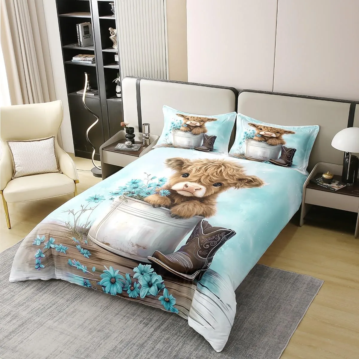Erosebridal Cartoon Cow 100% Cotton Duvet Cover King Size Highland Cows Bedding Set for Kids Boys Girls Daisy Floral Wood Boots Rustic Blue White Comforter Cover Soft Bedclothes