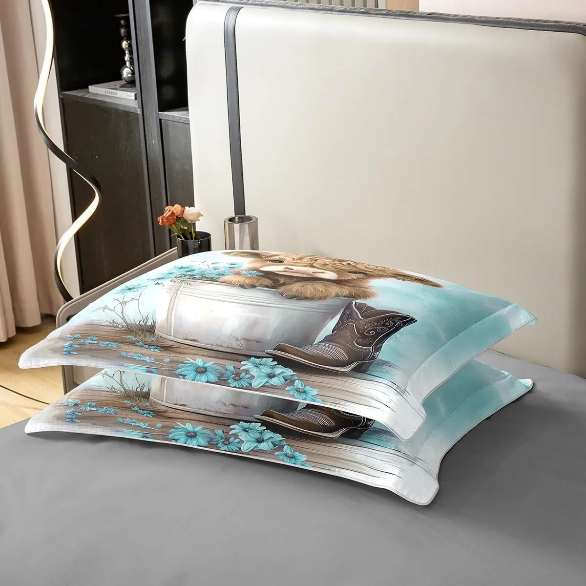 Erosebridal Cartoon Cow 100% Cotton Duvet Cover King Size Highland Cows Bedding Set for Kids Boys Girls Daisy Floral Wood Boots Rustic Blue White Comforter Cover Soft Bedclothes