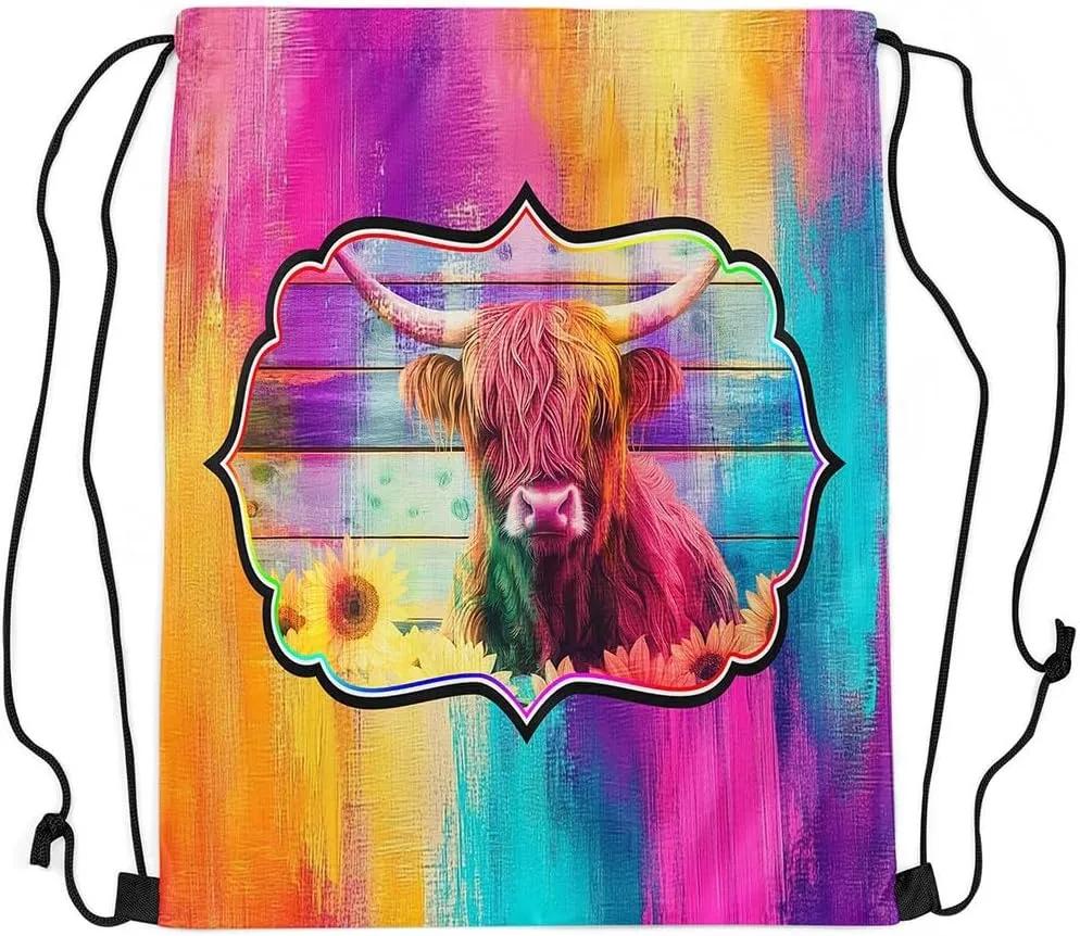 Erosebridal Highland Cow Drawstring Backpack 13X15.7, Sunflowers Bull Cattle Waterproof Drawstring Bags, Retro Wooden Borad Draw String Back Bag, Geometric Stripes Rainbow Farmhouse String Backpack
