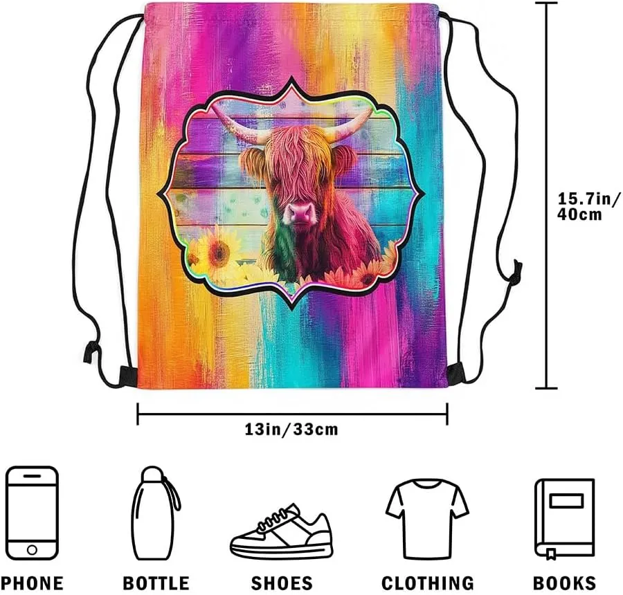 Erosebridal Highland Cow Drawstring Backpack 13X15.7, Sunflowers Bull Cattle Waterproof Drawstring Bags, Retro Wooden Borad Draw String Back Bag, Geometric Stripes Rainbow Farmhouse String Backpack