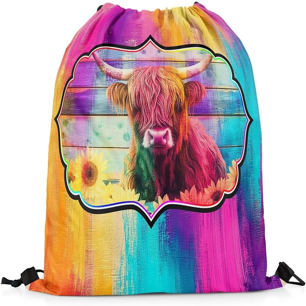 Erosebridal Highland Cow Drawstring Backpack 13X15.7, Sunflowers Bull Cattle Waterproof Drawstring Bags, Retro Wooden Borad Draw String Back Bag, Geometric Stripes Rainbow Farmhouse String Backpack