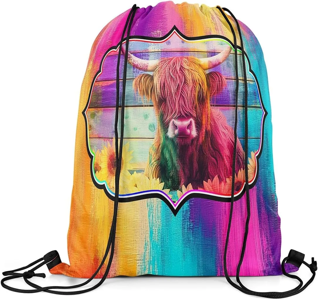 Erosebridal Highland Cow Drawstring Backpack 13X15.7, Sunflowers Bull Cattle Waterproof Drawstring Bags, Retro Wooden Borad Draw String Back Bag, Geometric Stripes Rainbow Farmhouse String Backpack