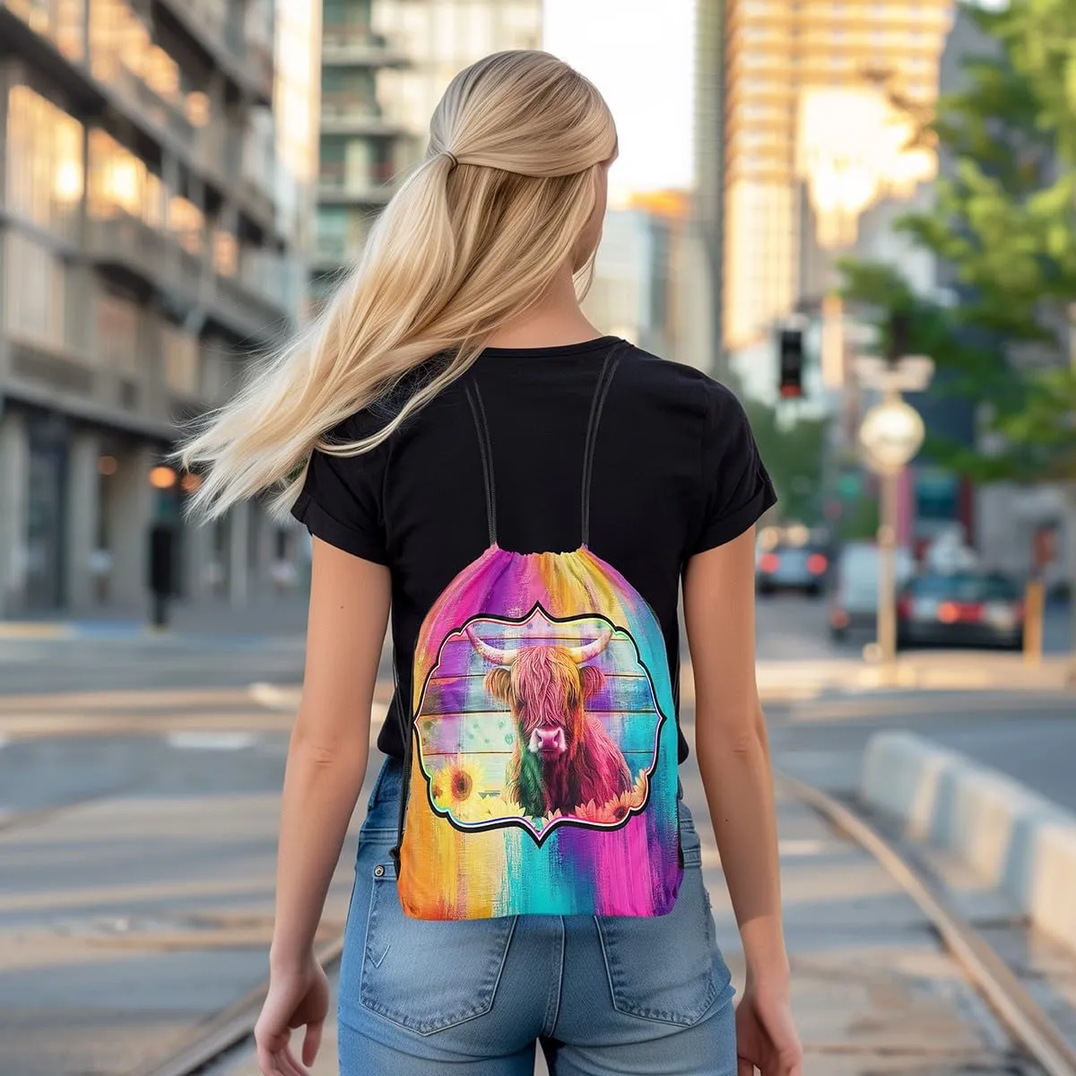 Erosebridal Highland Cow Drawstring Backpack 13X15.7, Sunflowers Bull Cattle Waterproof Drawstring Bags, Retro Wooden Borad Draw String Back Bag, Geometric Stripes Rainbow Farmhouse String Backpack
