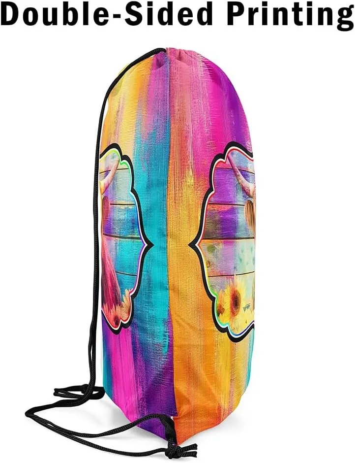 Erosebridal Highland Cow Drawstring Backpack 13X15.7, Sunflowers Bull Cattle Waterproof Drawstring Bags, Retro Wooden Borad Draw String Back Bag, Geometric Stripes Rainbow Farmhouse String Backpack