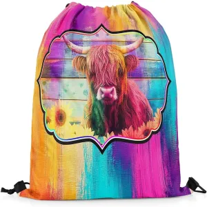 Erosebridal Highland Cow Drawstring Backpack 13X15.7, Sunflowers Bull Cattle Waterproof Drawstring Bags, Retro Wooden Borad Draw String Back Bag, Geometric Stripes Rainbow Farmhouse String Backpack