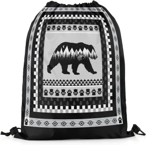 Erosebridal Hunting Bear Drawstring Backpack for Sport Gym,Rustic Cabin Lodge Drawstring Bags Foldable,Woodland Wild Animal Draw String Back Bag,Geometric Farmhouse Tribal String Backpack,13x15.7
