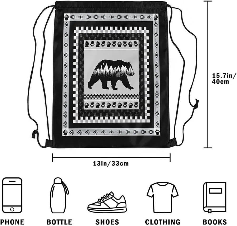 Erosebridal Hunting Bear Drawstring Backpack for Sport Gym,Rustic Cabin Lodge Drawstring Bags Foldable,Woodland Wild Animal Draw String Back Bag,Geometric Farmhouse Tribal String Backpack,13x15.7