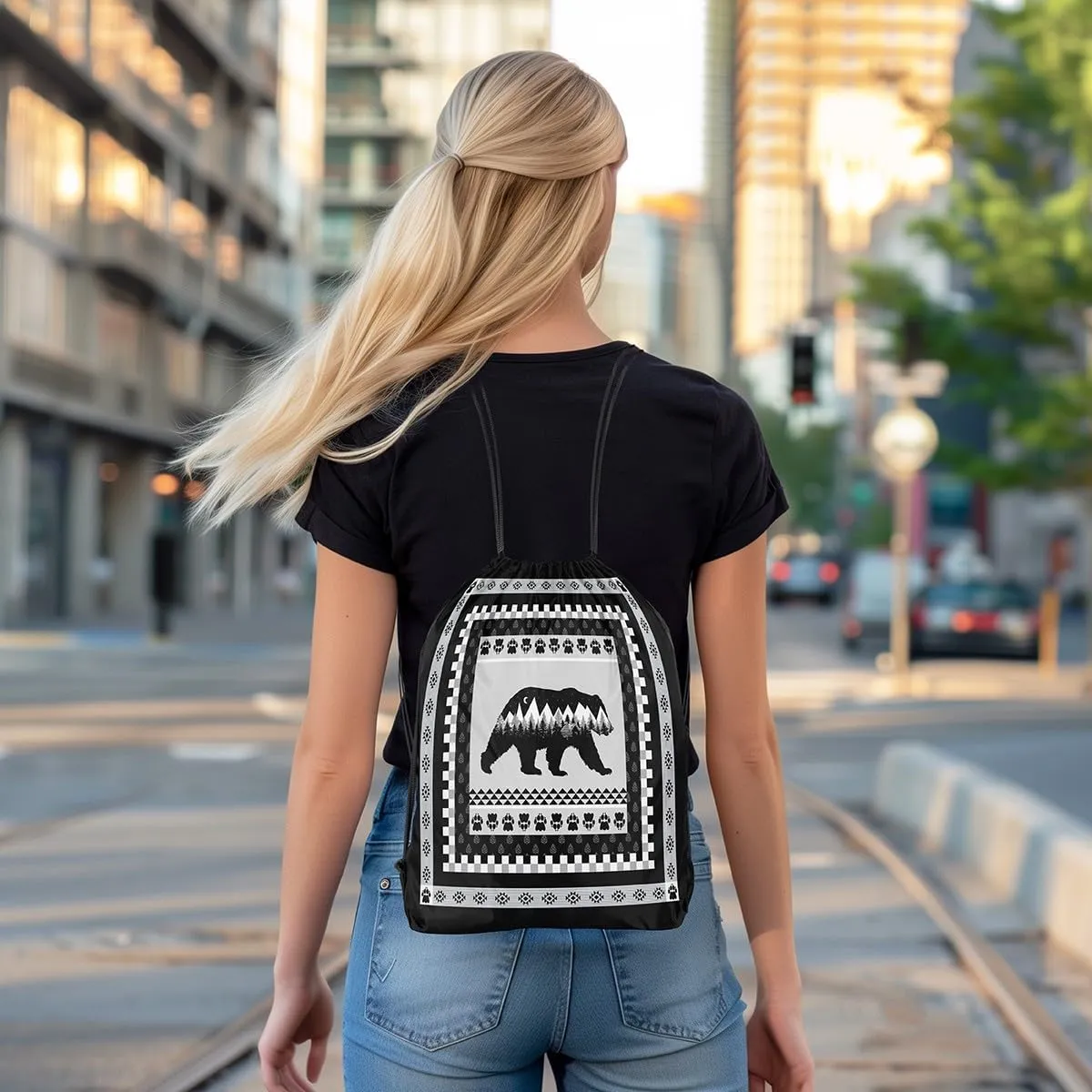 Erosebridal Hunting Bear Drawstring Backpack for Sport Gym,Rustic Cabin Lodge Drawstring Bags Foldable,Woodland Wild Animal Draw String Back Bag,Geometric Farmhouse Tribal String Backpack,13x15.7