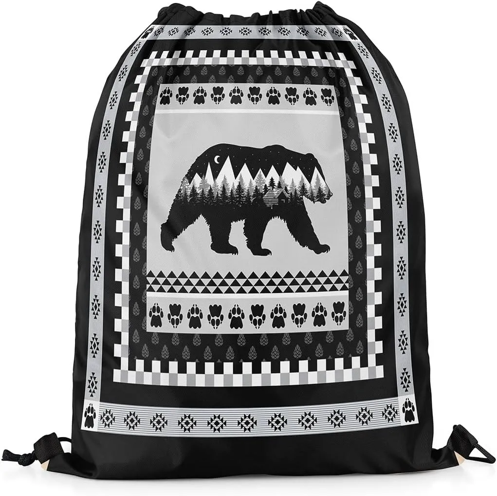 Erosebridal Hunting Bear Drawstring Backpack for Sport Gym,Rustic Cabin Lodge Drawstring Bags Foldable,Woodland Wild Animal Draw String Back Bag,Geometric Farmhouse Tribal String Backpack,13x15.7