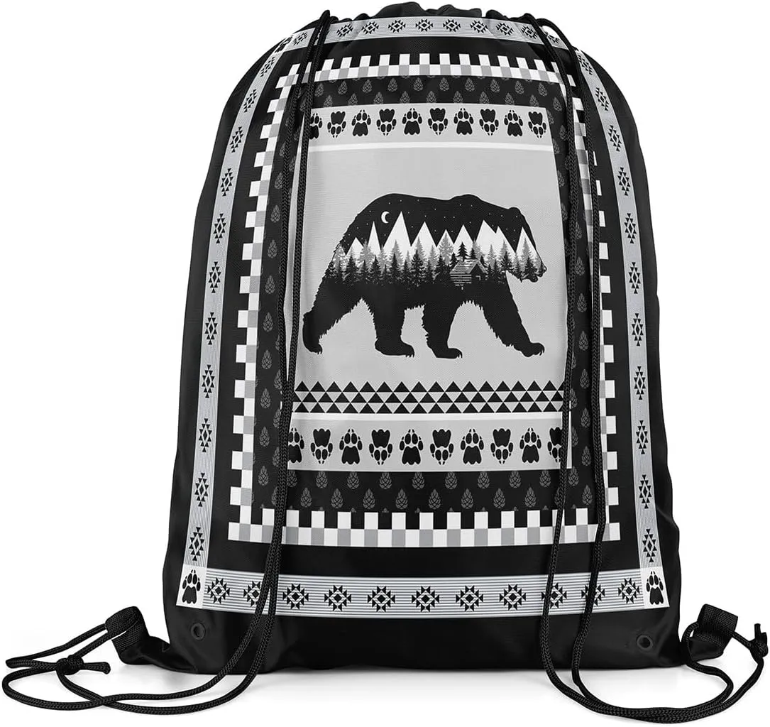 Erosebridal Hunting Bear Drawstring Backpack for Sport Gym,Rustic Cabin Lodge Drawstring Bags Foldable,Woodland Wild Animal Draw String Back Bag,Geometric Farmhouse Tribal String Backpack,13x15.7