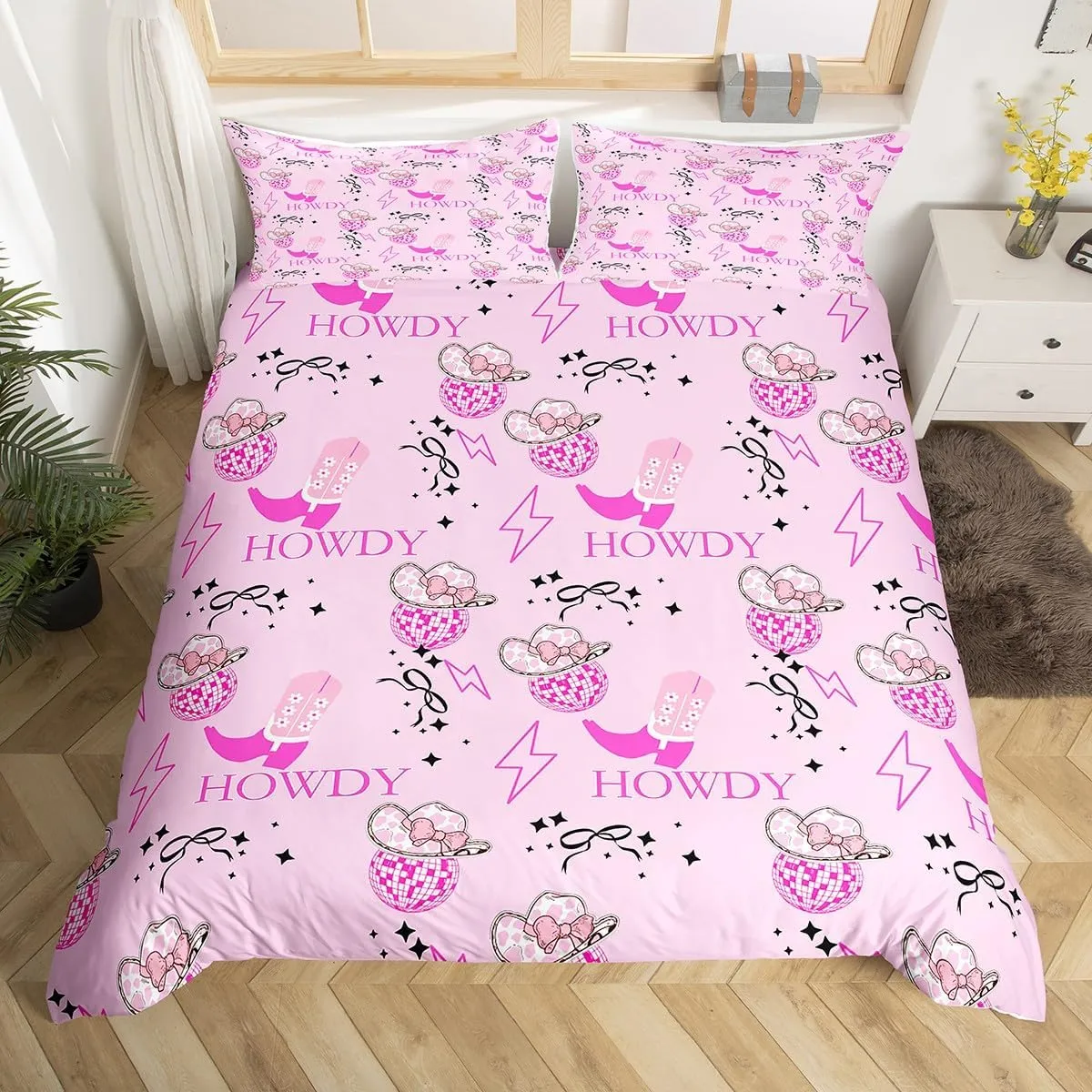 Erosebridal Pink Cowgirl Queen Comforter Cover for Kids Girls Teen,Western Cowgirls Bedding Set Disco Ball Hats Duvet Cover Bow Boots Bedspread Cover 2 Pillow Cases