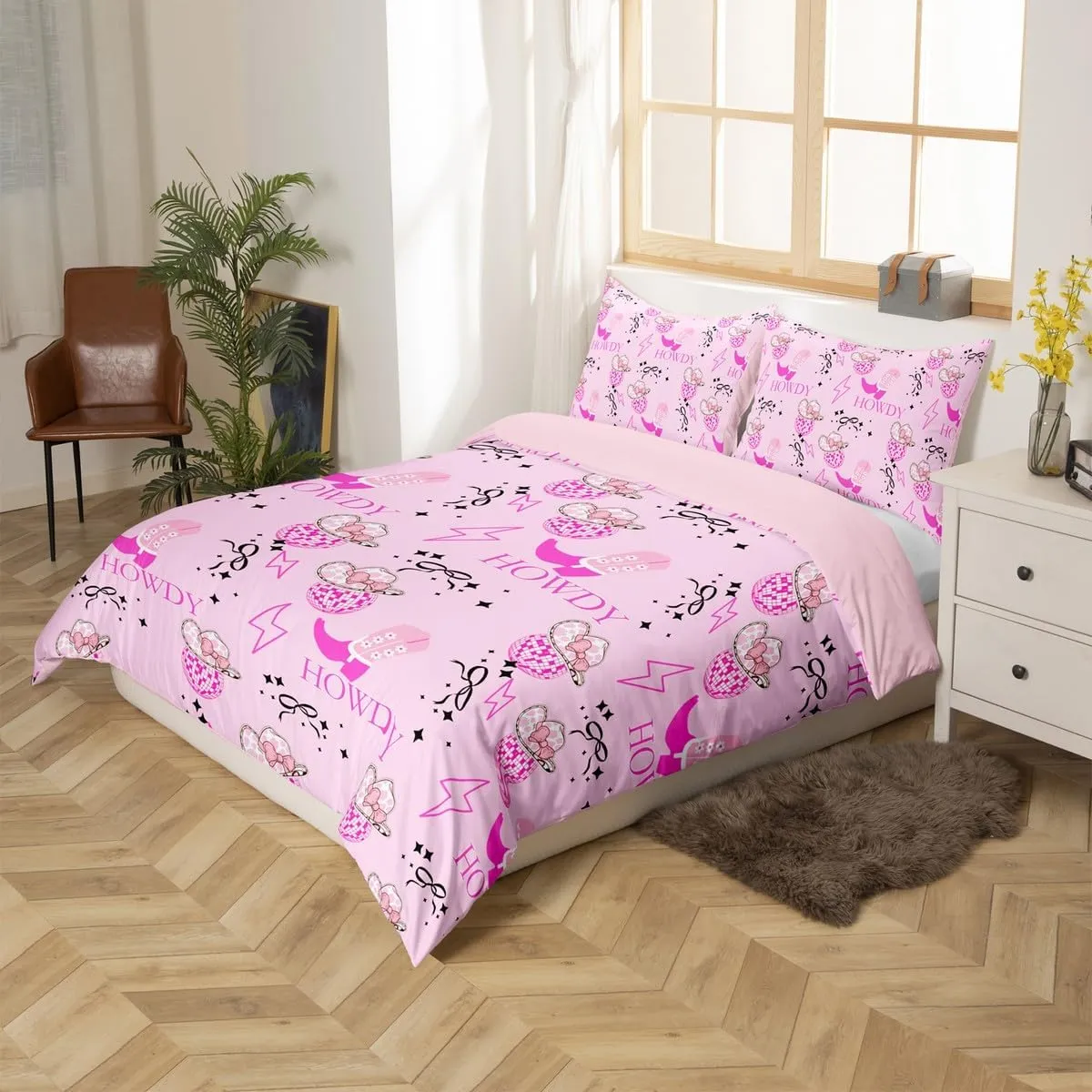 Erosebridal Pink Cowgirl Queen Comforter Cover for Kids Girls Teen,Western Cowgirls Bedding Set Disco Ball Hats Duvet Cover Bow Boots Bedspread Cover 2 Pillow Cases