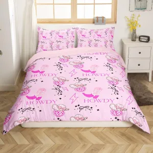 Erosebridal Pink Cowgirl Queen Comforter Cover for Kids Girls Teen,Western Cowgirls Bedding Set Disco Ball Hats Duvet Cover Bow Boots Bedspread Cover 2 Pillow Cases