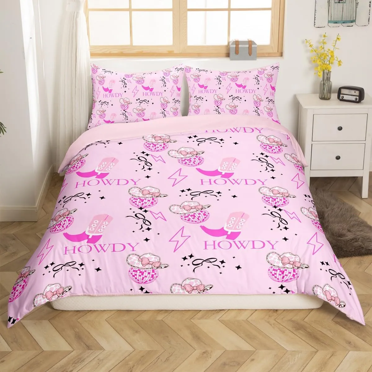 Erosebridal Pink Cowgirl Queen Comforter Cover for Kids Girls Teen,Western Cowgirls Bedding Set Disco Ball Hats Duvet Cover Bow Boots Bedspread Cover 2 Pillow Cases