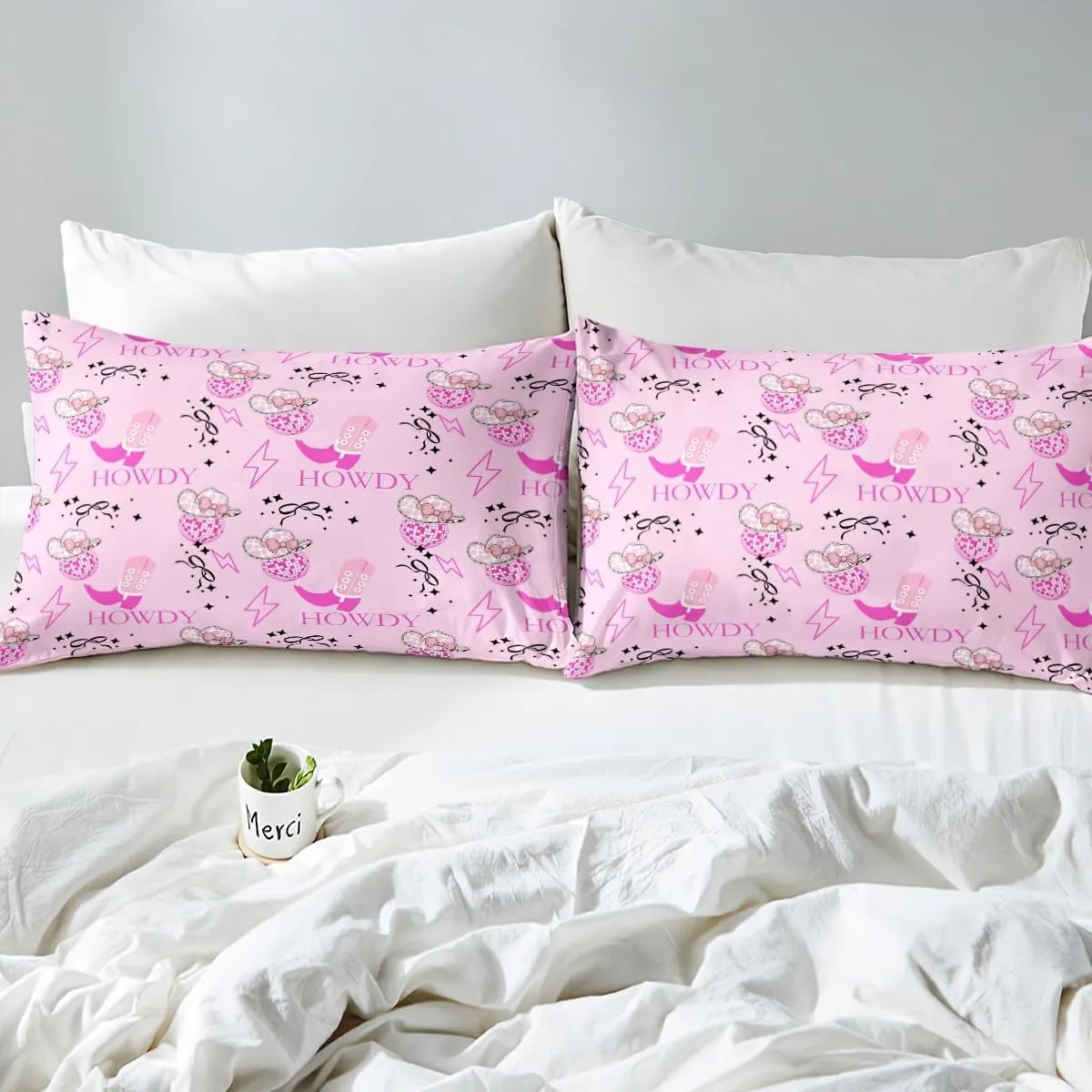 Erosebridal Pink Cowgirl Queen Comforter Cover for Kids Girls Teen,Western Cowgirls Bedding Set Disco Ball Hats Duvet Cover Bow Boots Bedspread Cover 2 Pillow Cases