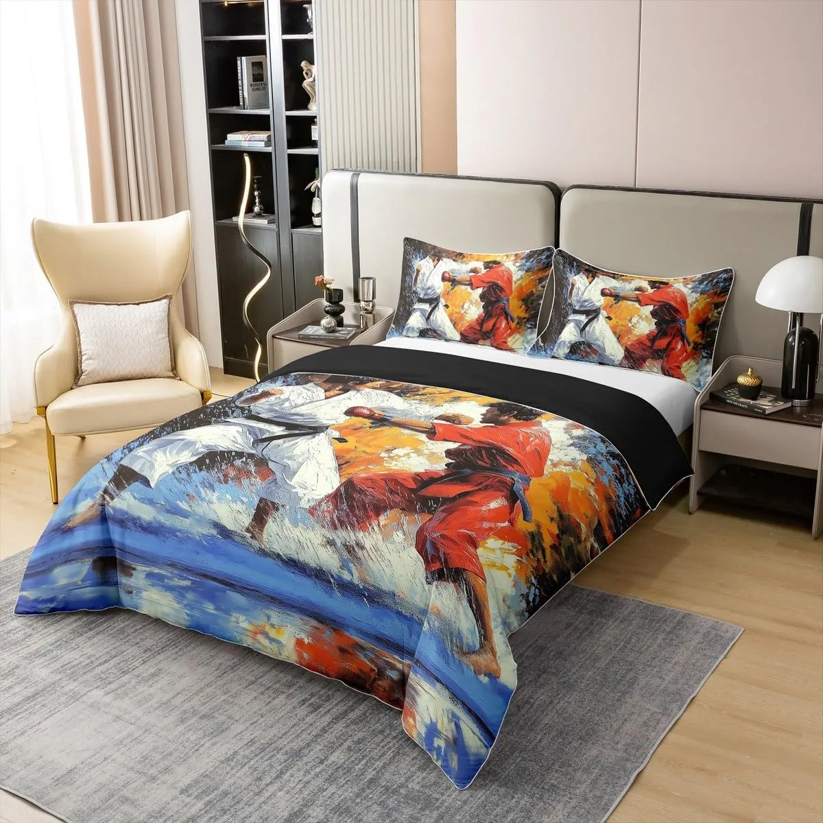 Erosebridal Taekwondo 100% Cotton Duvet Cover Full Size Kung Fu Bedclothes for Kids Boys Girls Athletic Sports Canvas White Red Blue Comforter Cover Soft Comfy Bedding Set