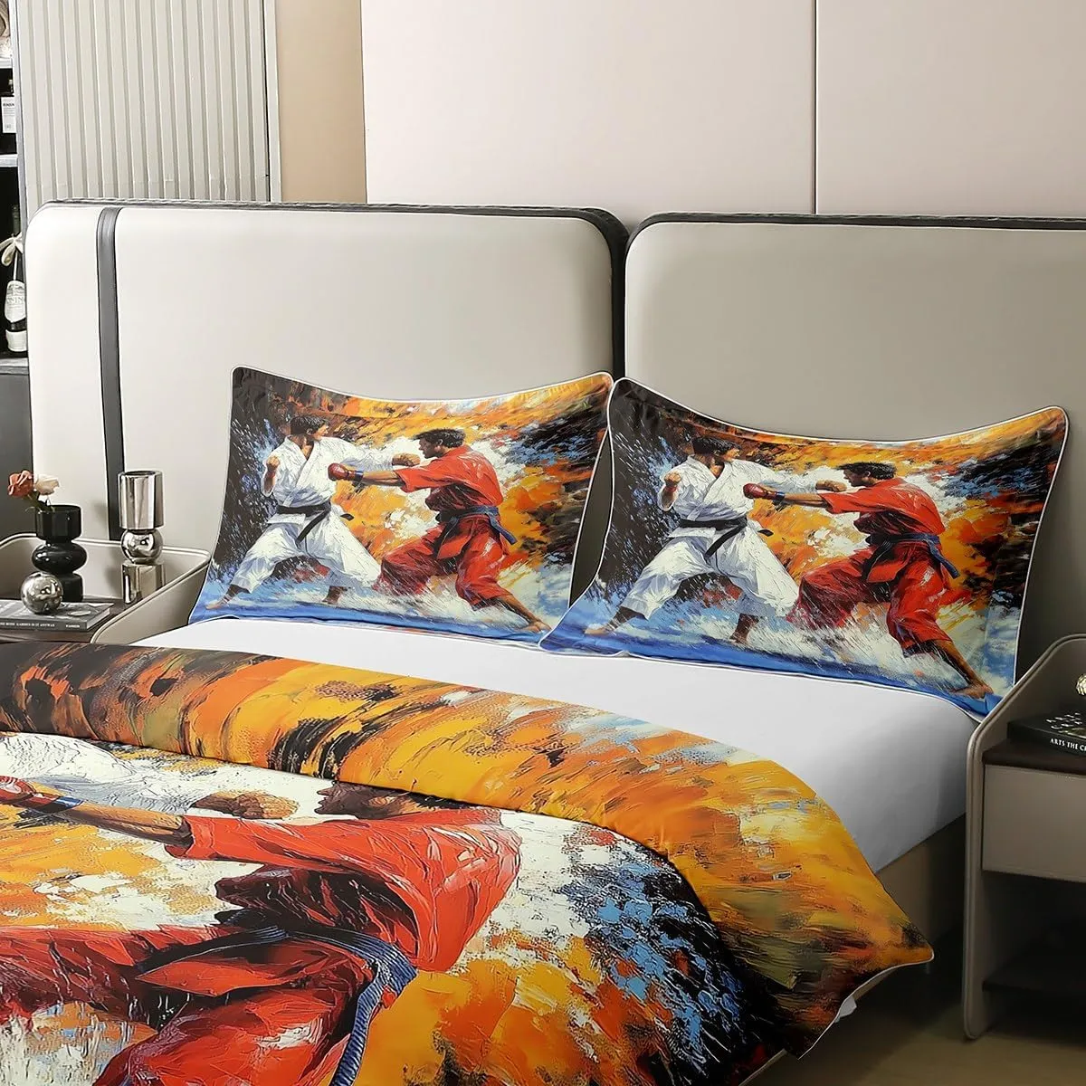 Erosebridal Taekwondo 100% Cotton Duvet Cover Full Size Kung Fu Bedclothes for Kids Boys Girls Athletic Sports Canvas White Red Blue Comforter Cover Soft Comfy Bedding Set