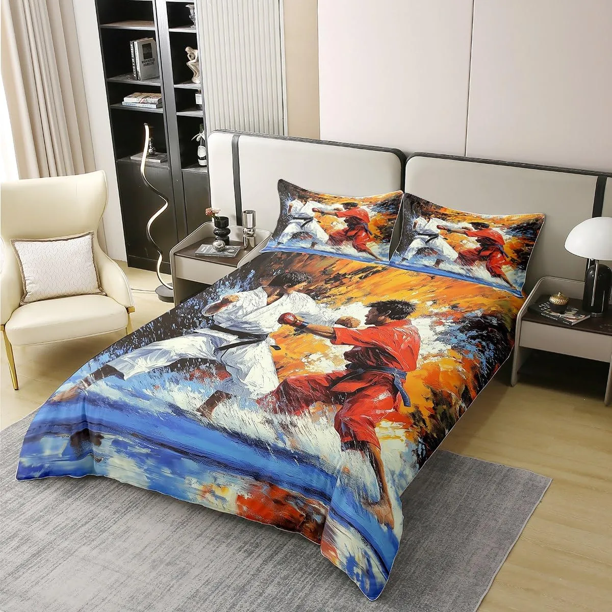 Erosebridal Taekwondo 100% Cotton Duvet Cover Full Size Kung Fu Bedclothes for Kids Boys Girls Athletic Sports Canvas White Red Blue Comforter Cover Soft Comfy Bedding Set