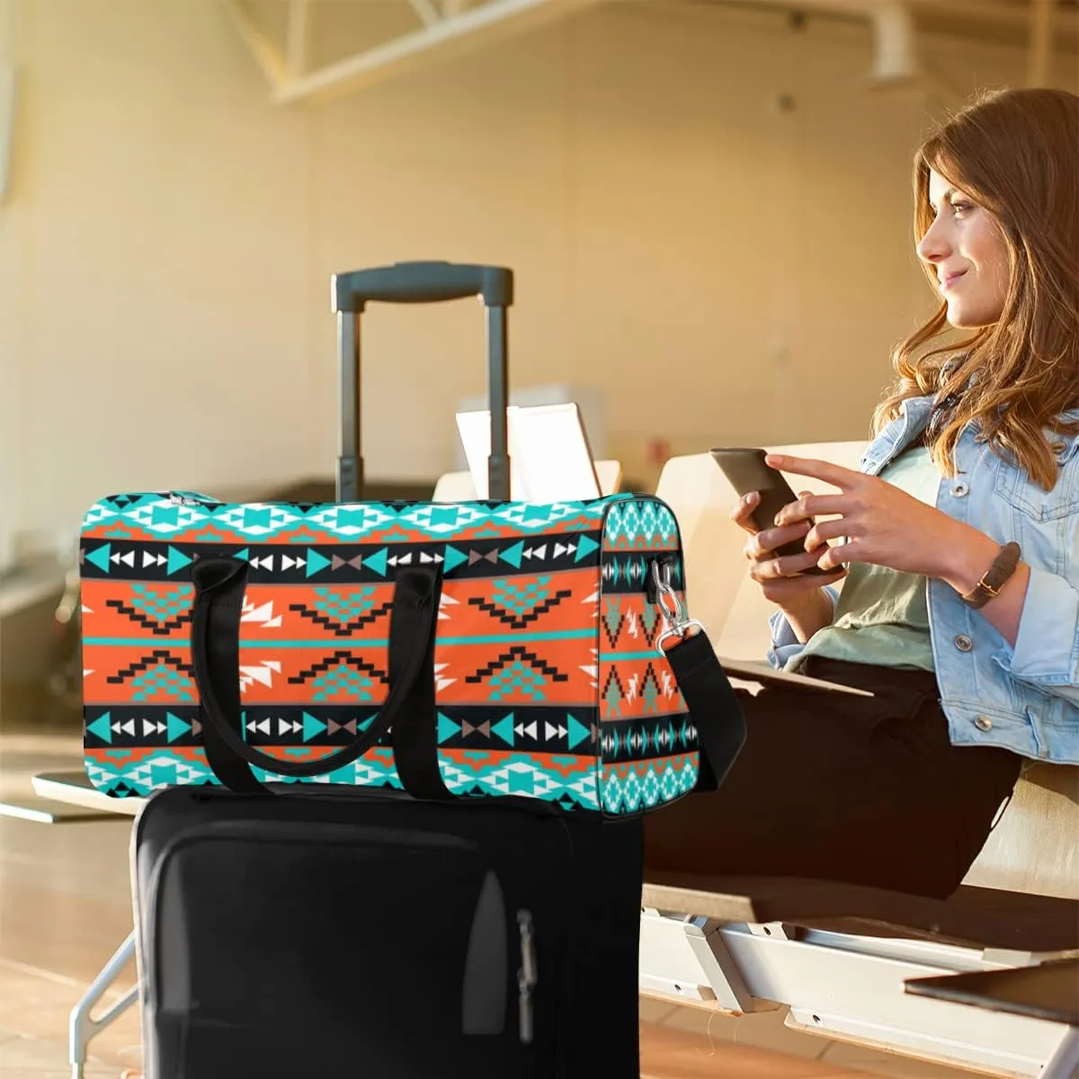 Ethnic Aztec Geometric Travel Duffel Bag, Sports Tote Gym Bags Weekender Bag Workout Bag Carry on Luggage Handle Bag Overnight Shoulder Bags for Women Men