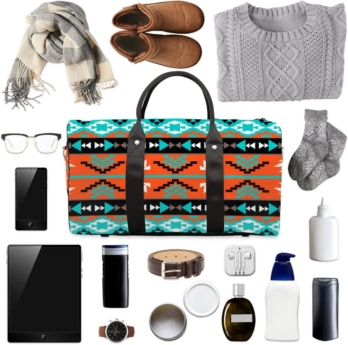 Ethnic Aztec Geometric Travel Duffel Bag, Sports Tote Gym Bags Weekender Bag Workout Bag Carry on Luggage Handle Bag Overnight Shoulder Bags for Women Men