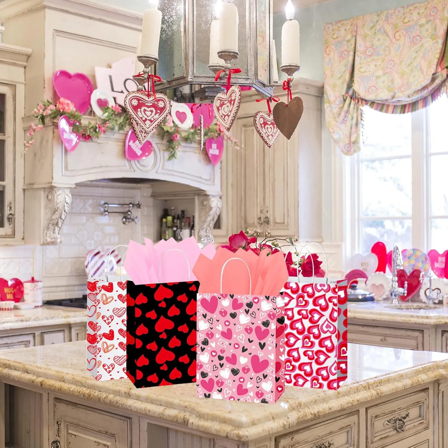 euoloar 24 Pack Small Valentine's Day Gift Bags, Love Hearts Design Favor Goodie Bags for Kids Class Party Gift Bags with Handle, Candy & Trea for Birthday/Mother's day,Anniversary,Sweetest Day