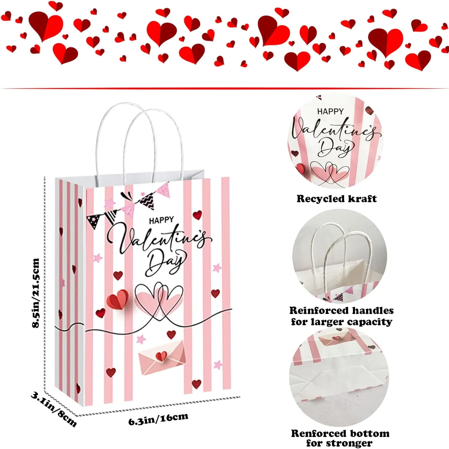 euoloar 24 Pack Small Valentine's Day Gift Bags, Love Hearts Design Favor Goodie Bags for Kids Class Party Gift Bags with Handle, Candy & Trea for Birthday/Mother's day,Anniversary,Sweetest Day