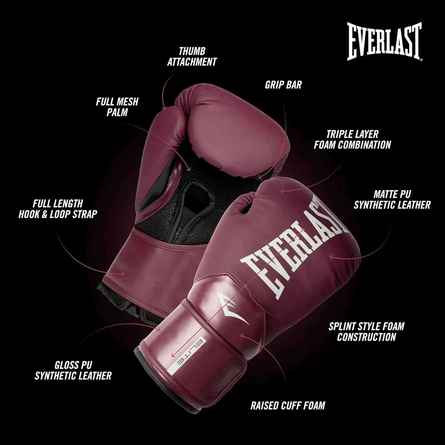Everlast Elite 2 Boxing Gloves, Pro Training Gloves for Men and Women, Secure Fit Hook and Loop Closure & Ventilation, Heavy Bag & Speedbag Training.