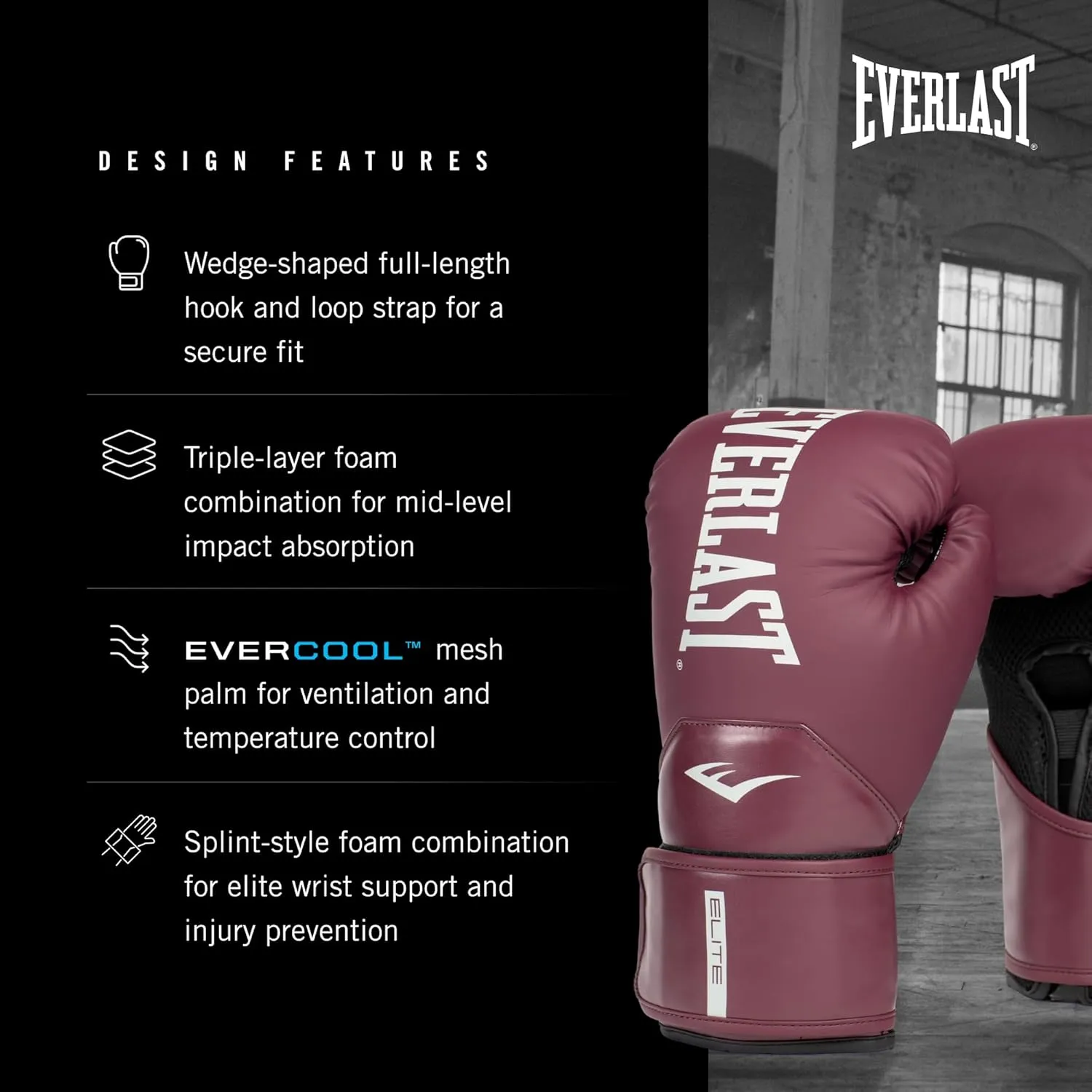 Everlast Elite 2 Boxing Gloves, Pro Training Gloves for Men and Women, Secure Fit Hook and Loop Closure & Ventilation, Heavy Bag & Speedbag Training.