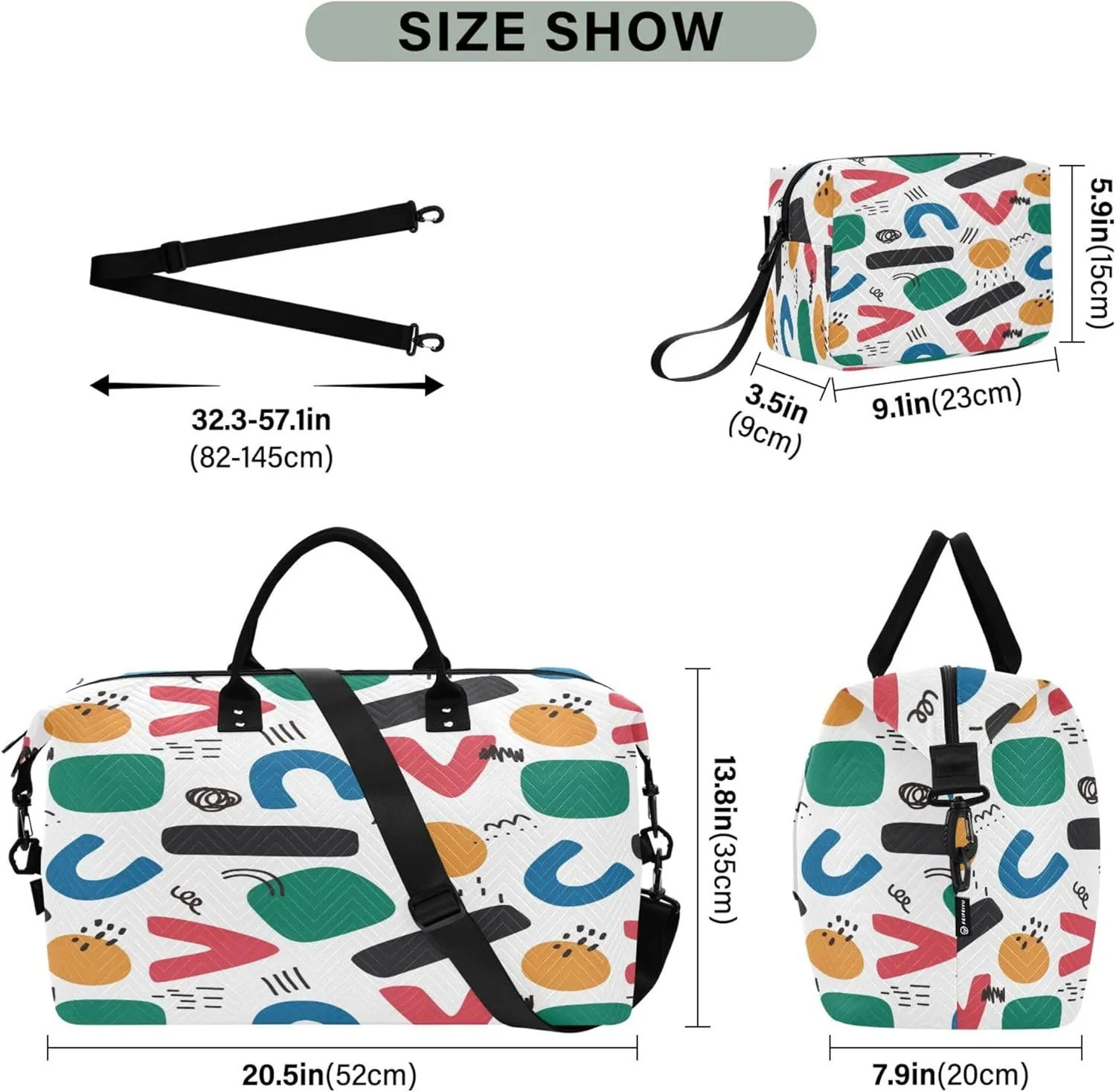 Exnundod Women Weekender Bags Colorful Geometric Figure Travel Duffel Bags Carry On Overnight Bag Alphabet Large Hospital Tote Luggage