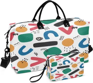 Exnundod Women Weekender Bags Colorful Geometric Figure Travel Duffel Bags Carry On Overnight Bag Alphabet Large Hospital Tote Luggage