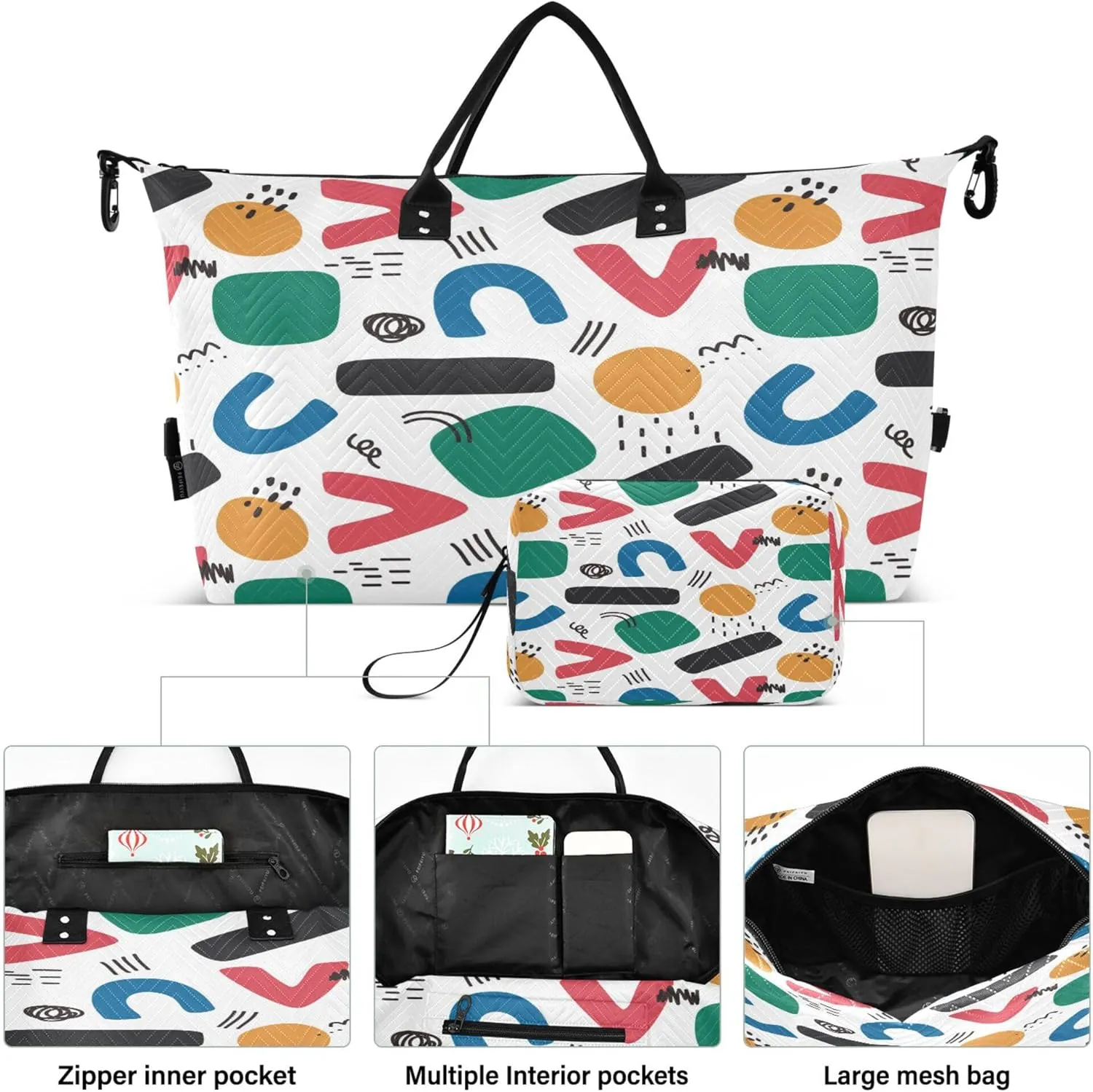 Exnundod Women Weekender Bags Colorful Geometric Figure Travel Duffel Bags Carry On Overnight Bag Alphabet Large Hospital Tote Luggage