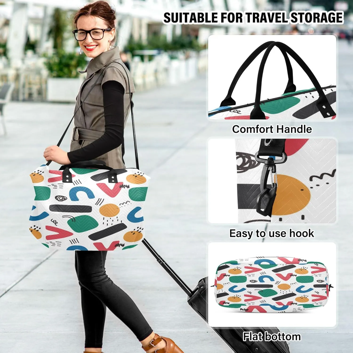 Exnundod Women Weekender Bags Colorful Geometric Figure Travel Duffel Bags Carry On Overnight Bag Alphabet Large Hospital Tote Luggage