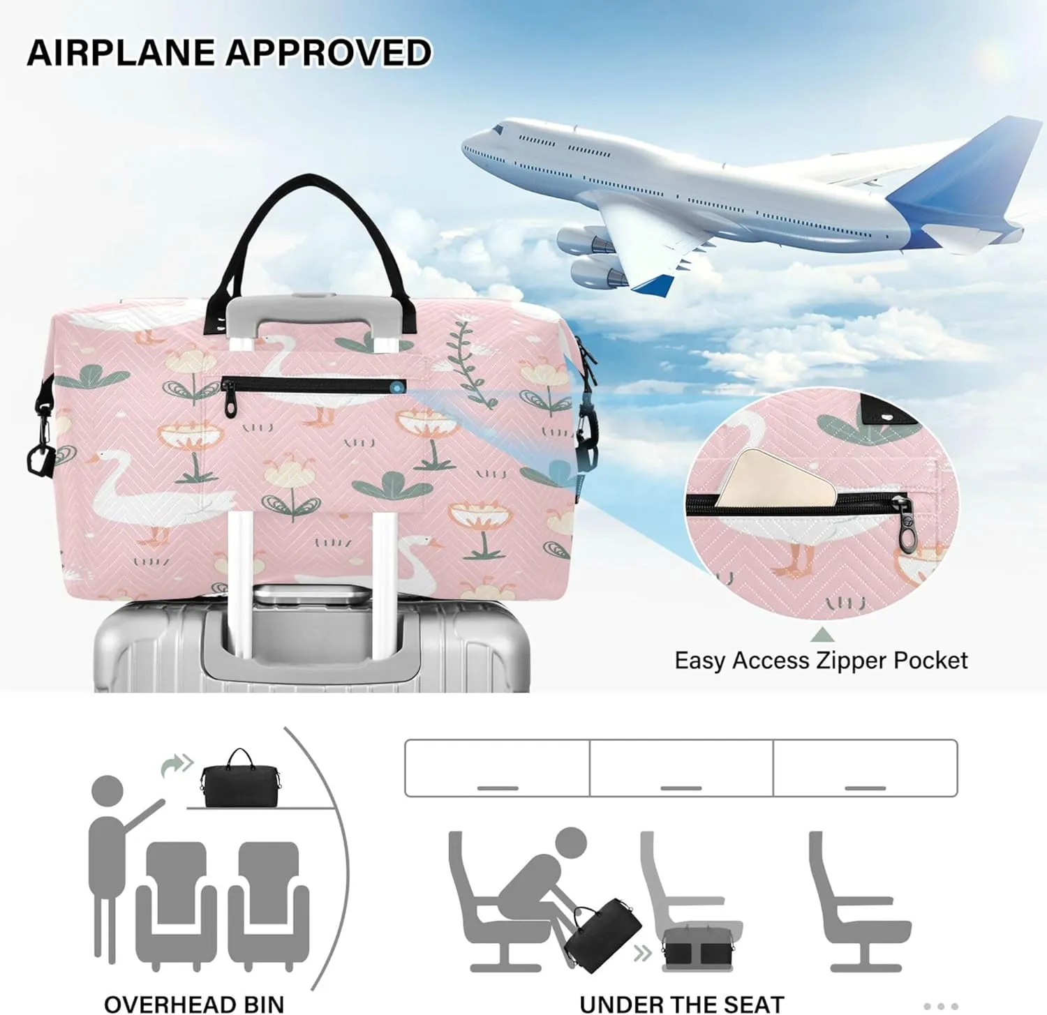 Exnundod Women Weekender Bags Cute Goose Doodle Travel Duffel Bags Carry On Overnight Bag Meadow Flowers Large Hospital Tote Luggage
