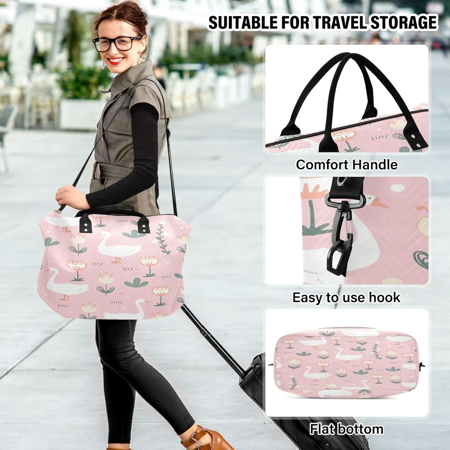 Exnundod Women Weekender Bags Cute Goose Doodle Travel Duffel Bags Carry On Overnight Bag Meadow Flowers Large Hospital Tote Luggage