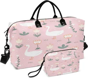 Exnundod Women Weekender Bags Cute Goose Doodle Travel Duffel Bags Carry On Overnight Bag Meadow Flowers Large Hospital Tote Luggage